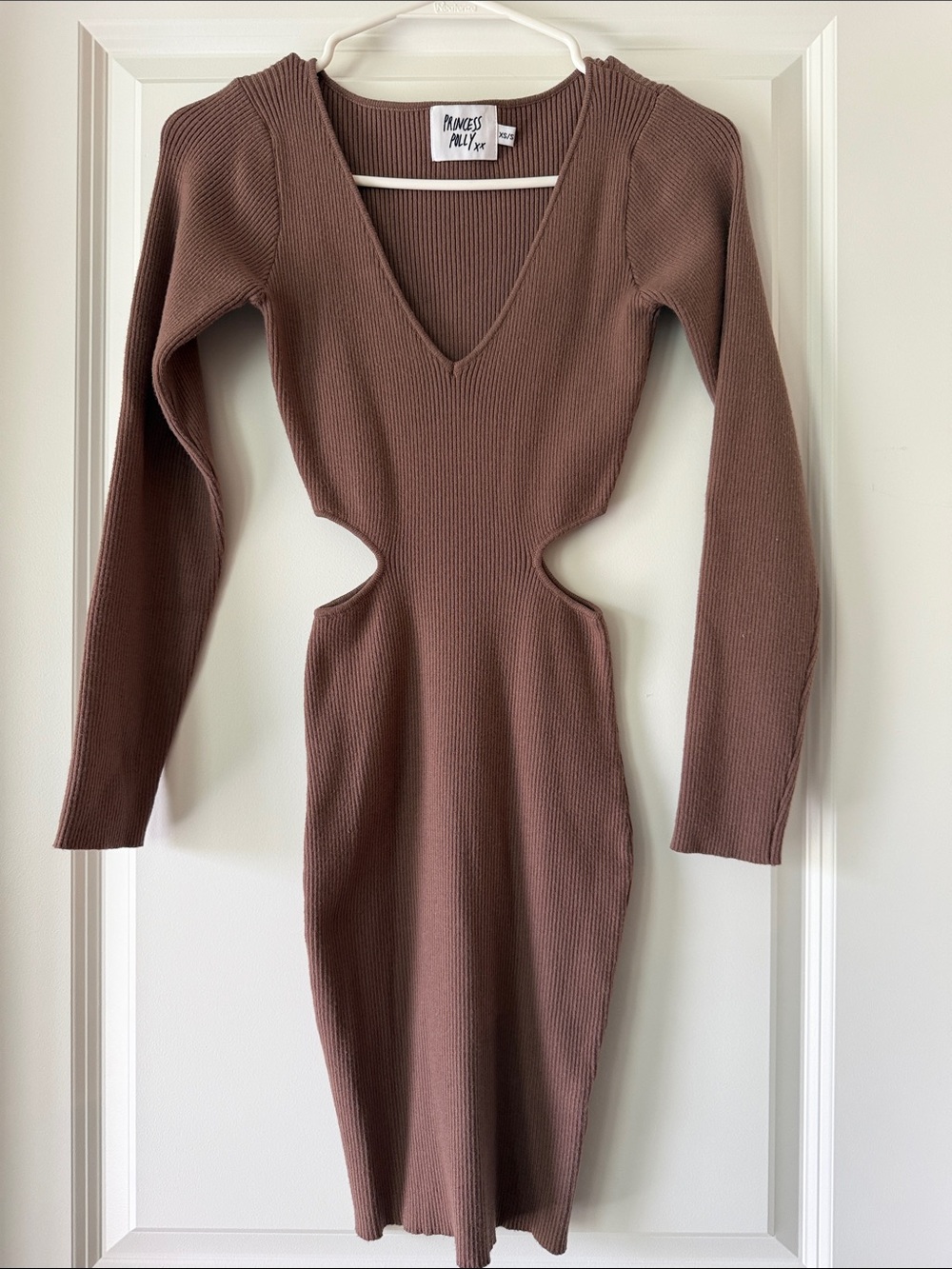 Princess Polly Mauve Brown Ribbed Long Sleeve Cutout Dress